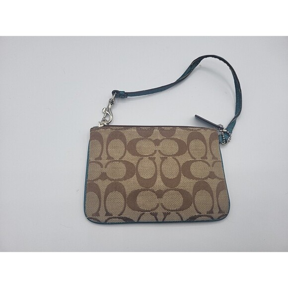 Coach Signature C Wristlet Canvas Leather Brown And Turquoise Wallet Coins Logo - Picture 2 of 6